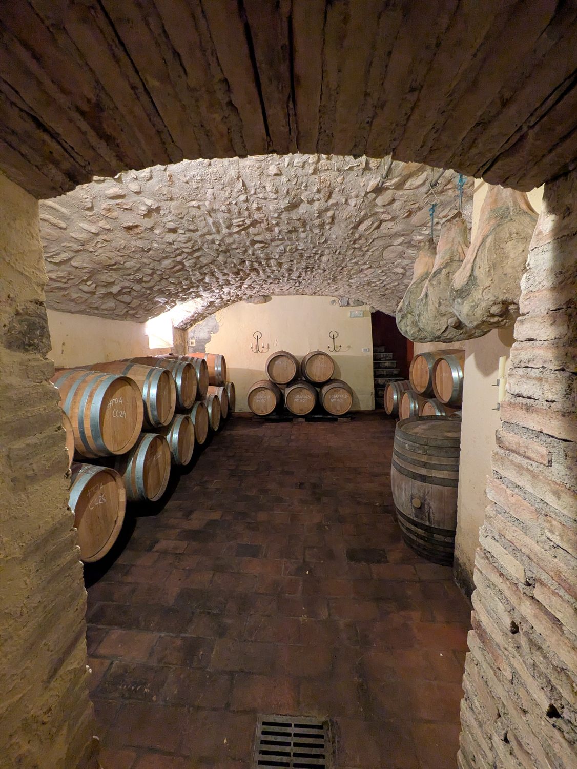 La galleria voltata della cantina, con le botti allineate lungo le pareti