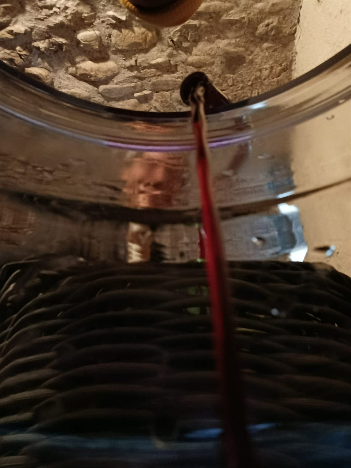 Il vino che cade dentro l'ampolla di vetro, ripreso da vicino
